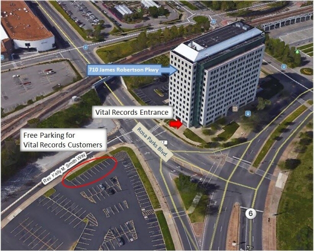 Annotated aerial map showing the Tennessee Office of Vital Records at 710 James Robertson Parkway in Nashville. The entrance is marked on Rosa Parks Boulevard, and a nearby parking lot off Rev. Kelly M. Smith Way highlights free parking spaces reserved for Vital Records customers.